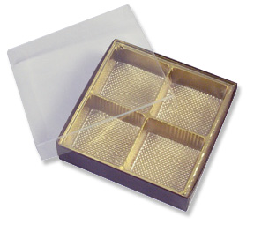 Brown Square Box with Gold 4-Cavity Tray & Clear Lid