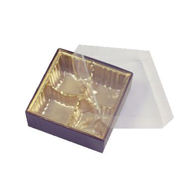Brown Square Box with Gold 4 Cavity Tray & Clear Lid
